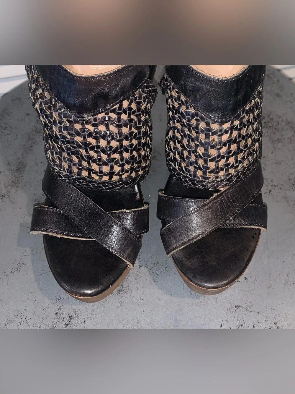 Bed Stu Petra Black Woven Leather Platform Wedge Sandals Boho Wood Heel 7